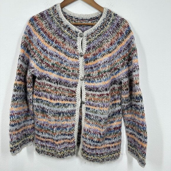 Hand Knit Cardigan Sweater Cozy Yarn Scandinavian Multicolor Lagenlook Cabincore - Picture 1 of 7
